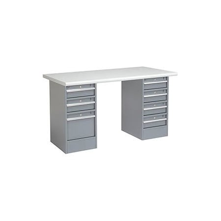 Global Equipment 72 x 30 Pedestal Workbench - 7 Drawers, Plastic Laminate Safety Edge - Gray 607697